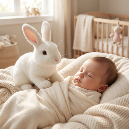 lapins peluche bebe dort blanc berceau