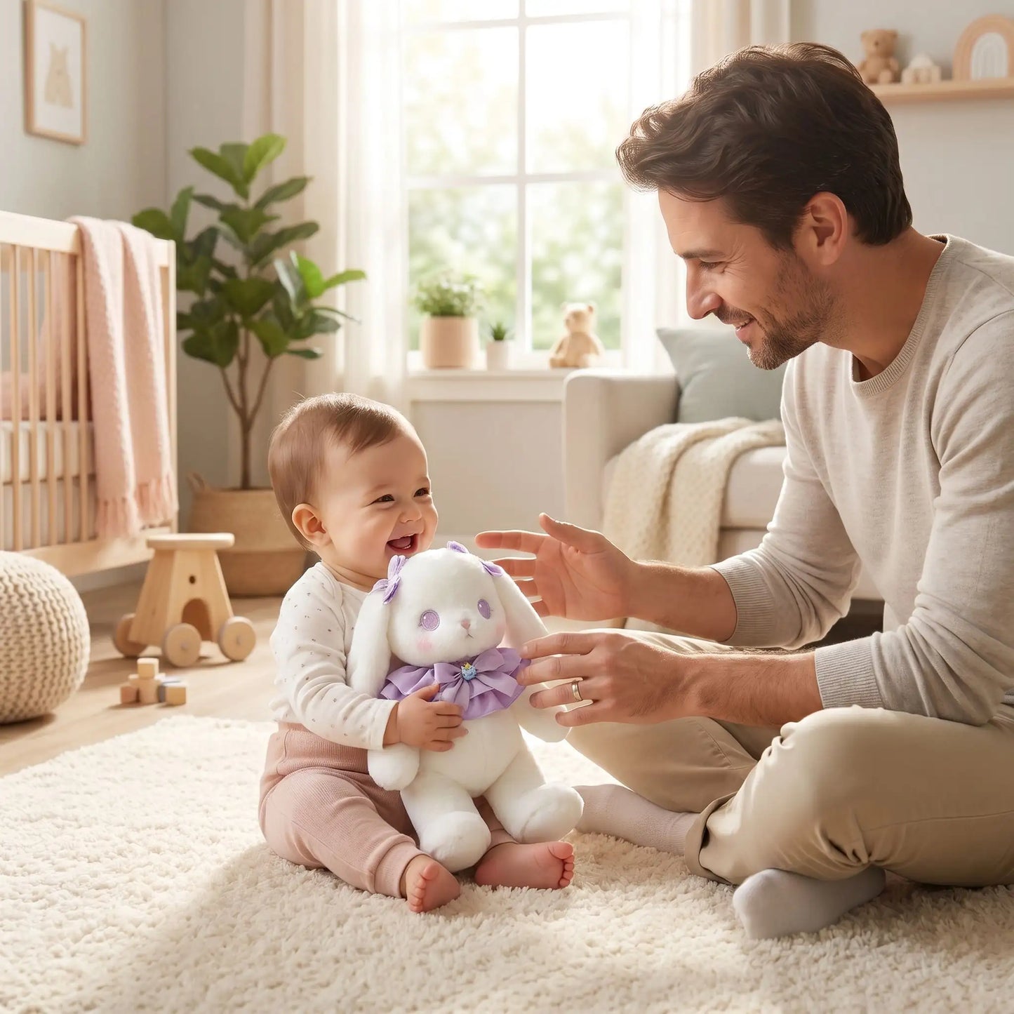lapins peluche bebe joue papa violet