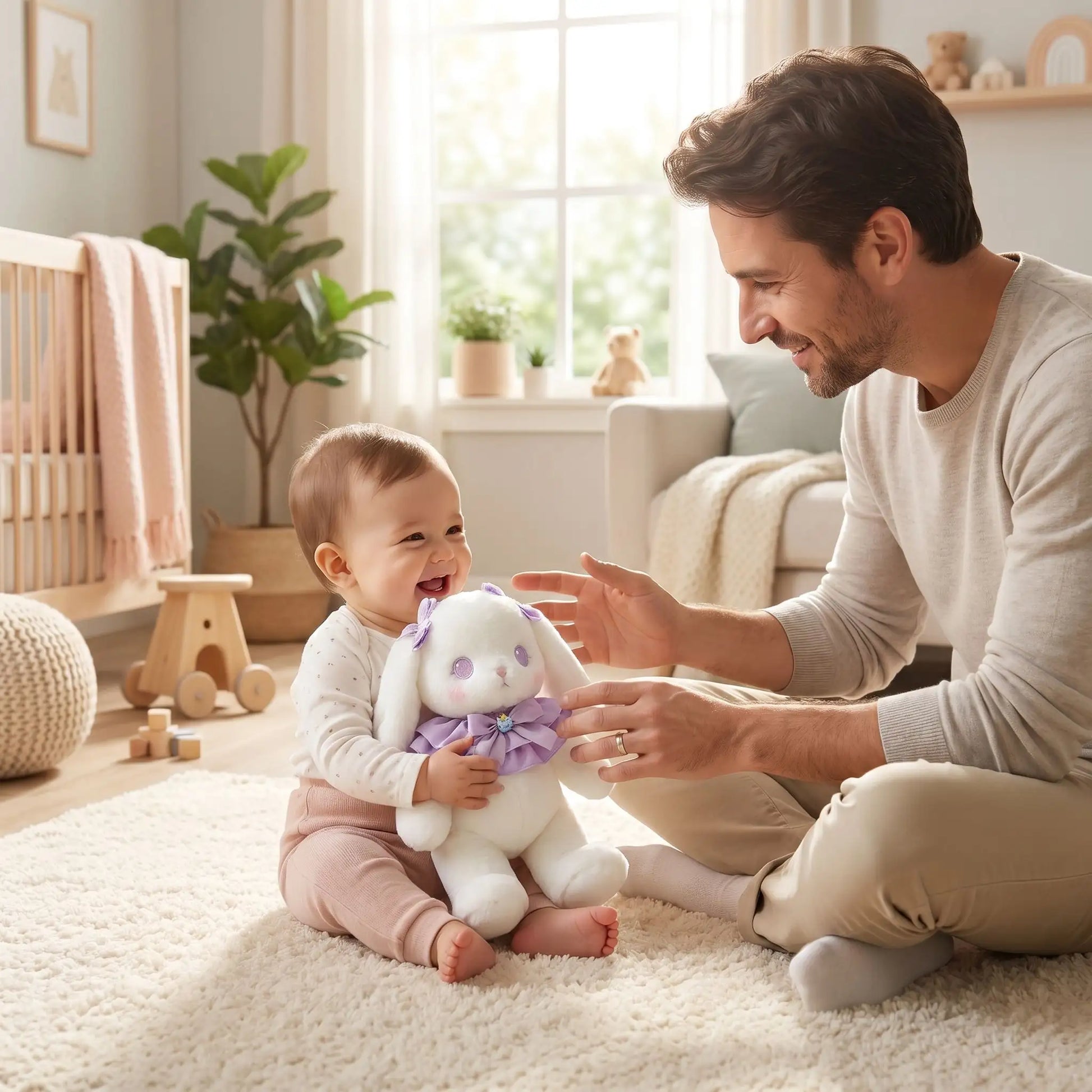 lapins peluche bebe joue papa violet