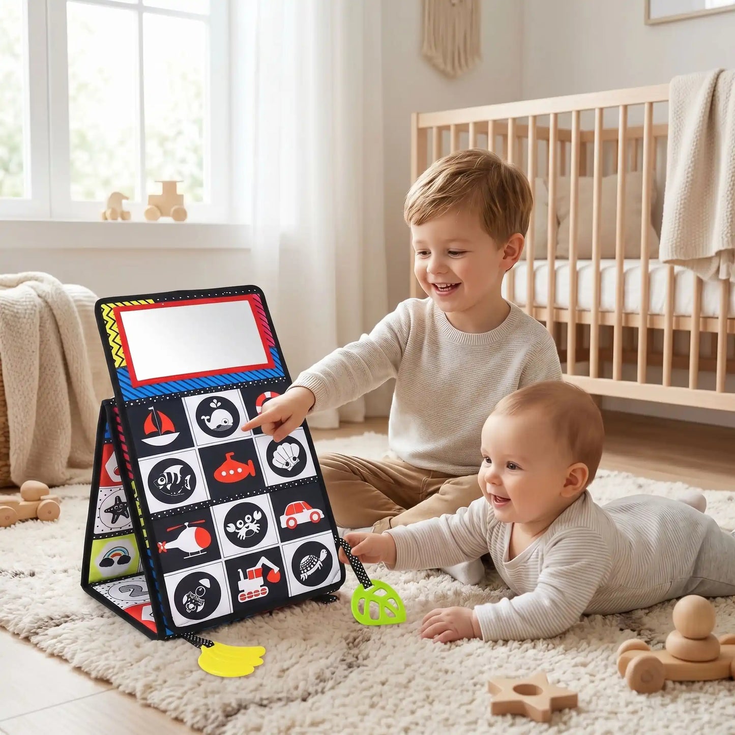 livre bebe en tissus miroir frere joue
