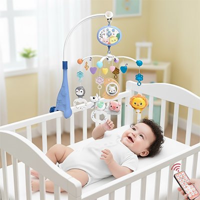 Mobile bébé bleu gris dos bebe