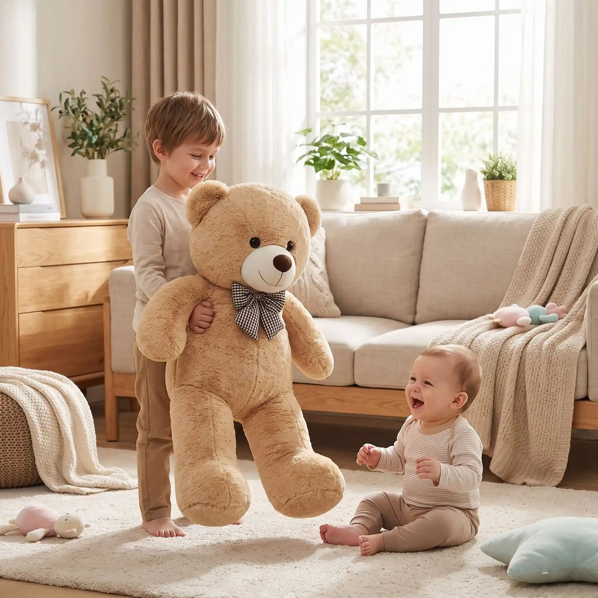 ours en peluche geant douceur frere joue bebe assis brun