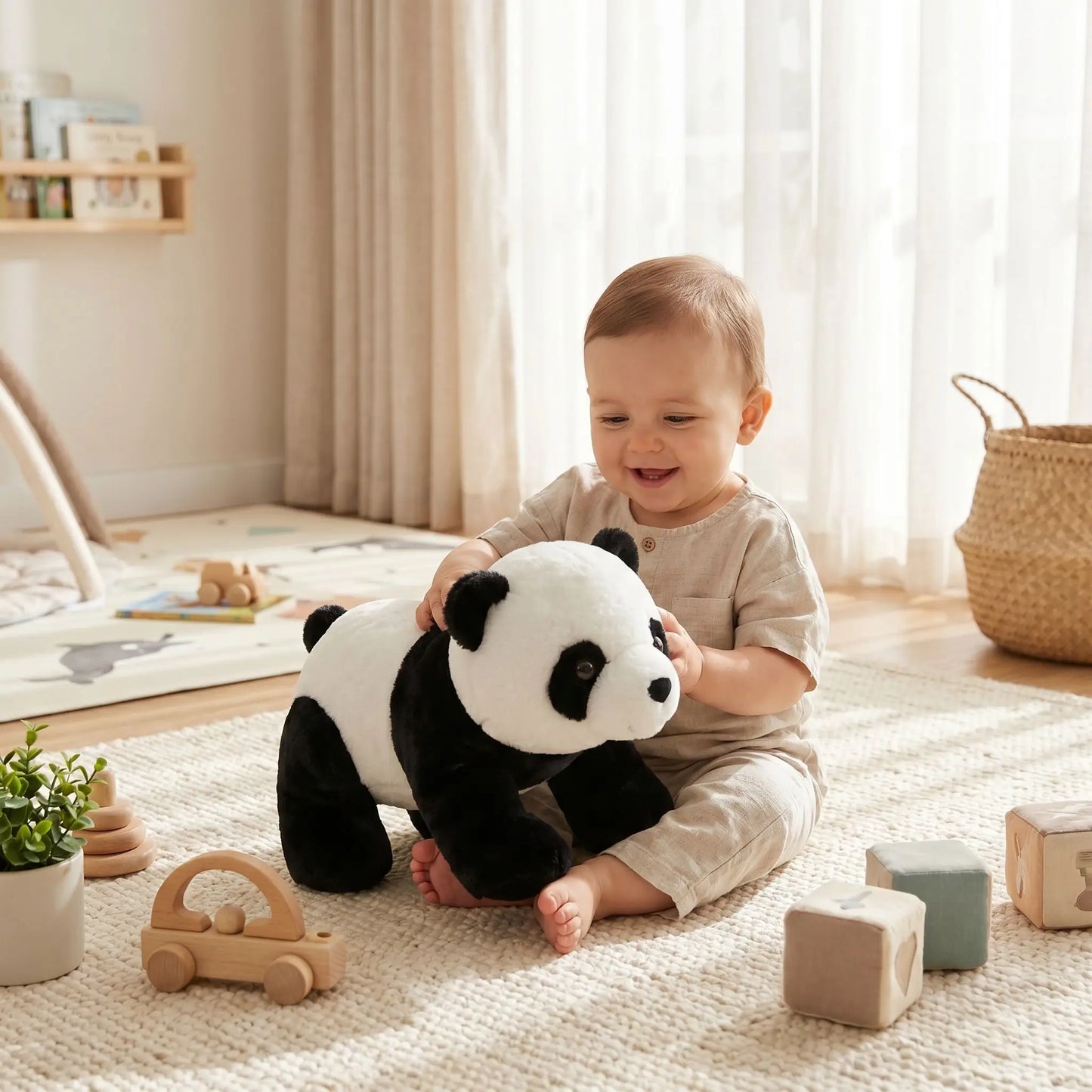 ours en peluche noir blanc bebe joue