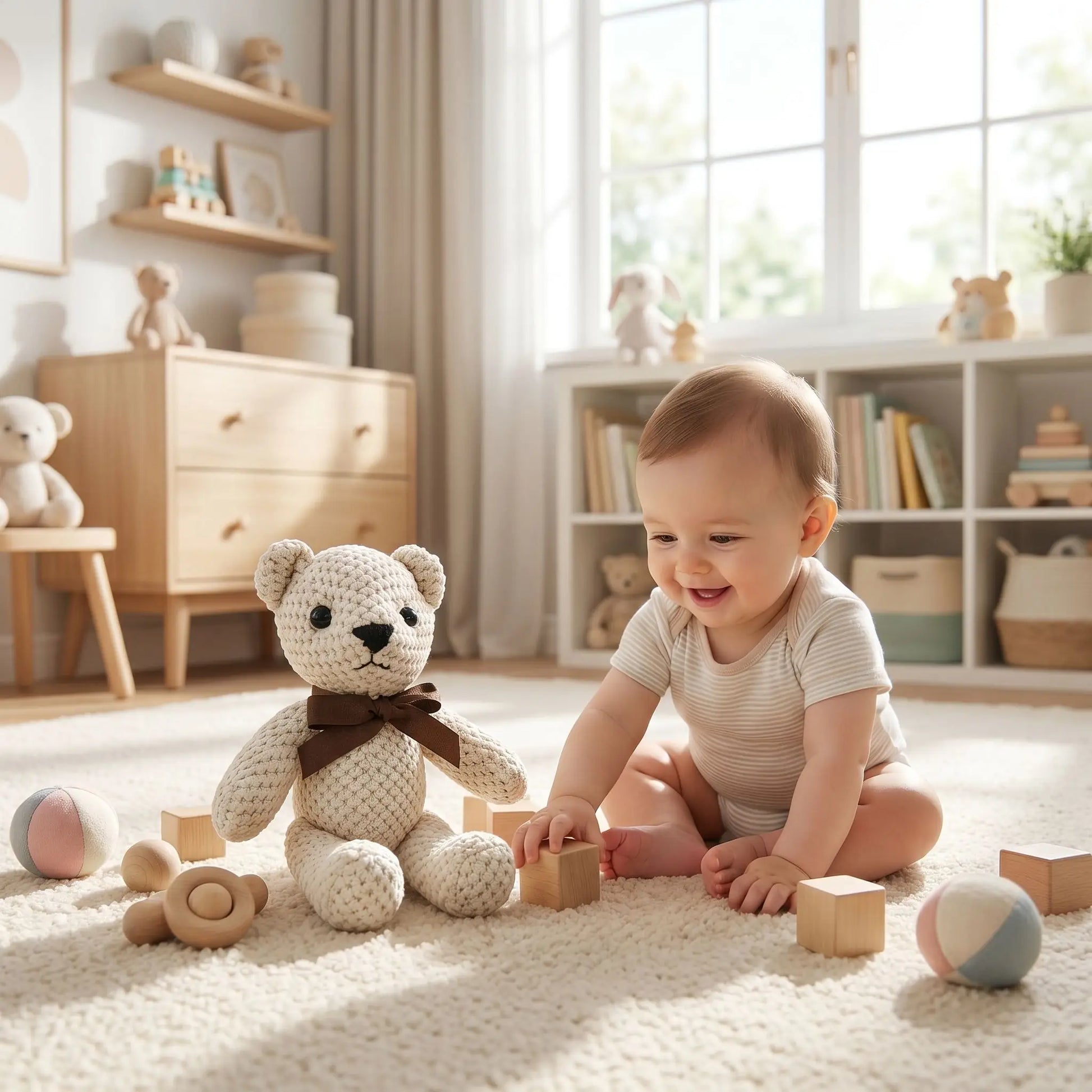 ours peluche creme bebe joue assis