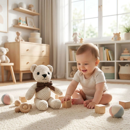 ours peluche creme bebe joue assis
