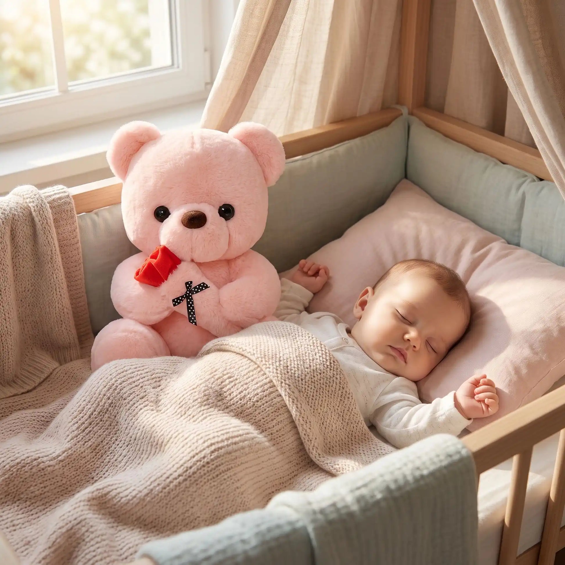 ourse en peluche 25cm bebe dort berceau rose