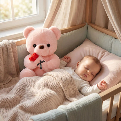 ourse en peluche 25cm bebe dort berceau rose