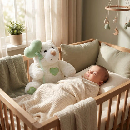 ourse en peluche douceur bebe dort berceau vert