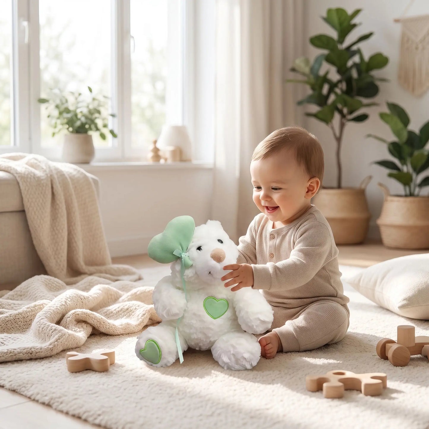 ourse en peluche douceur bebe joue assis vert