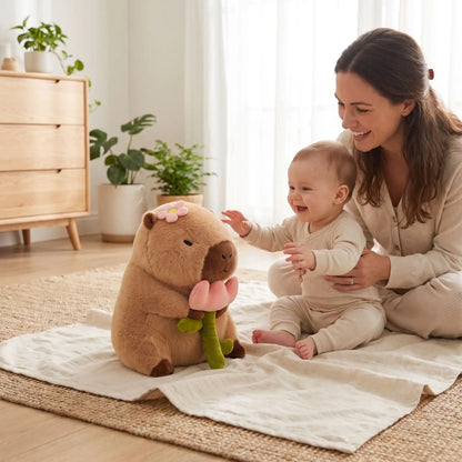 peluche bebe capybara maman joue bebe assis