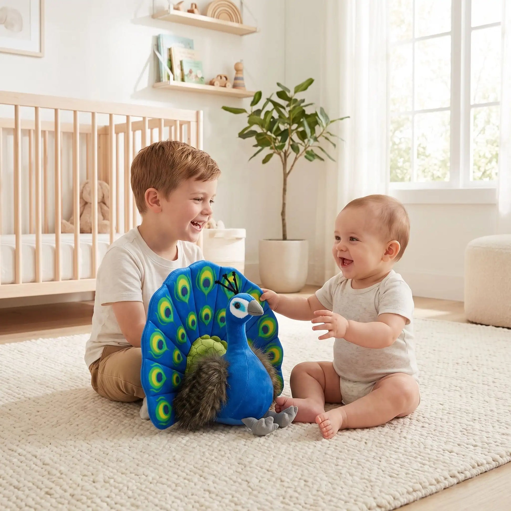 peluche bebe paon frere joue bebe salon