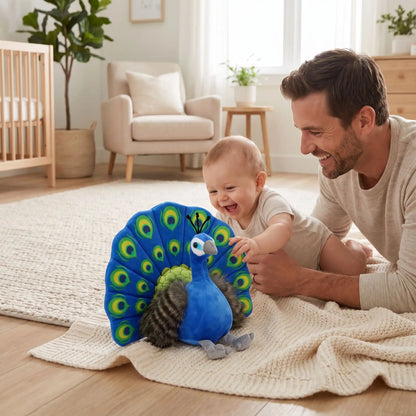 peluche bebe paon papa joue bebe salon