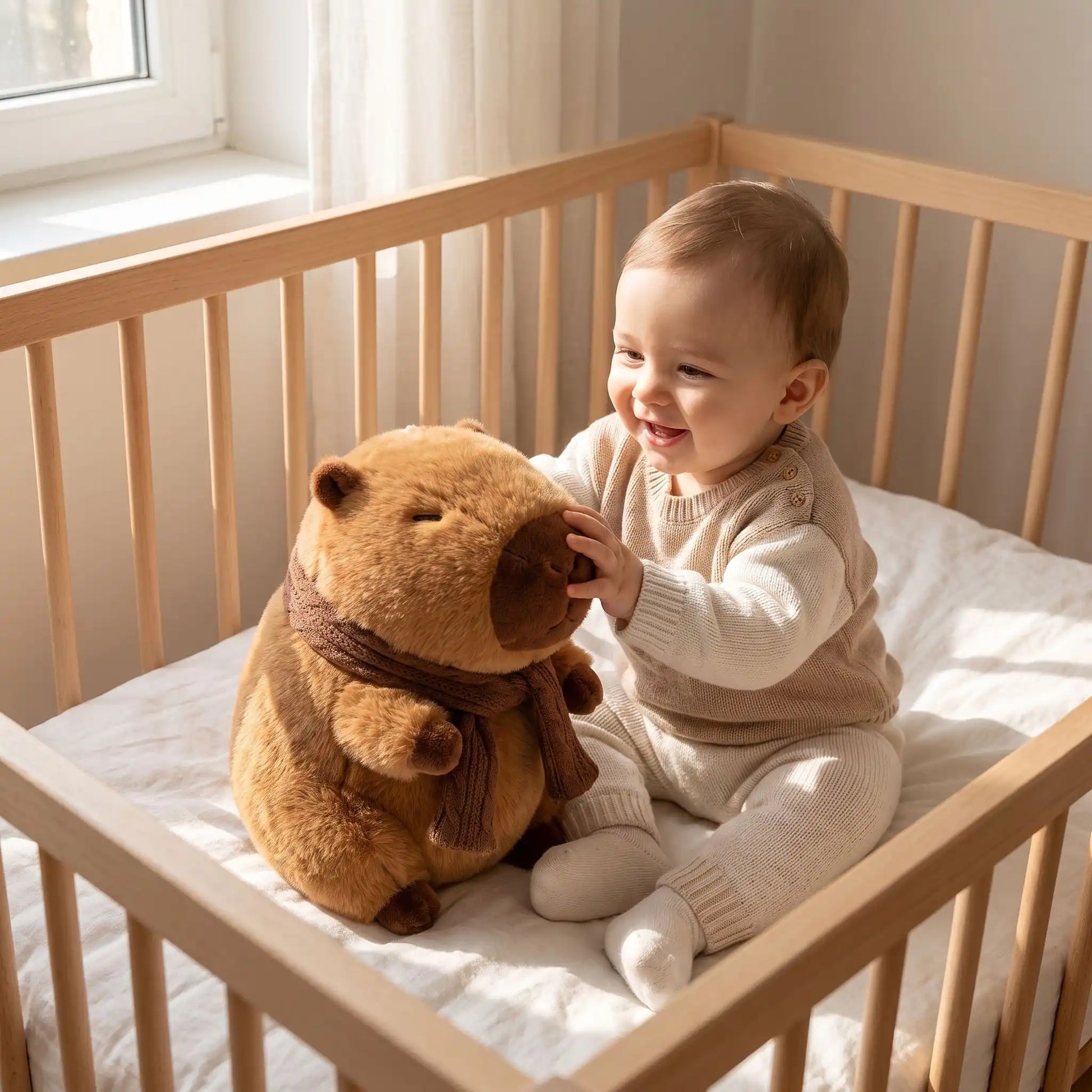 peluche capybara bebe berceau joue brun