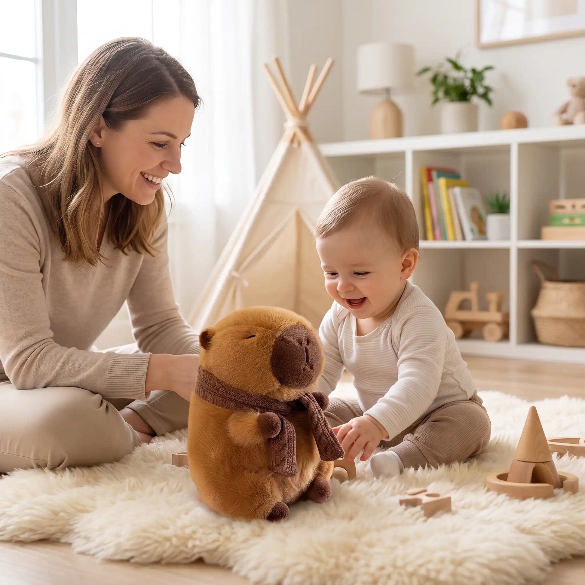 peluche capybara maman bebe joue brun