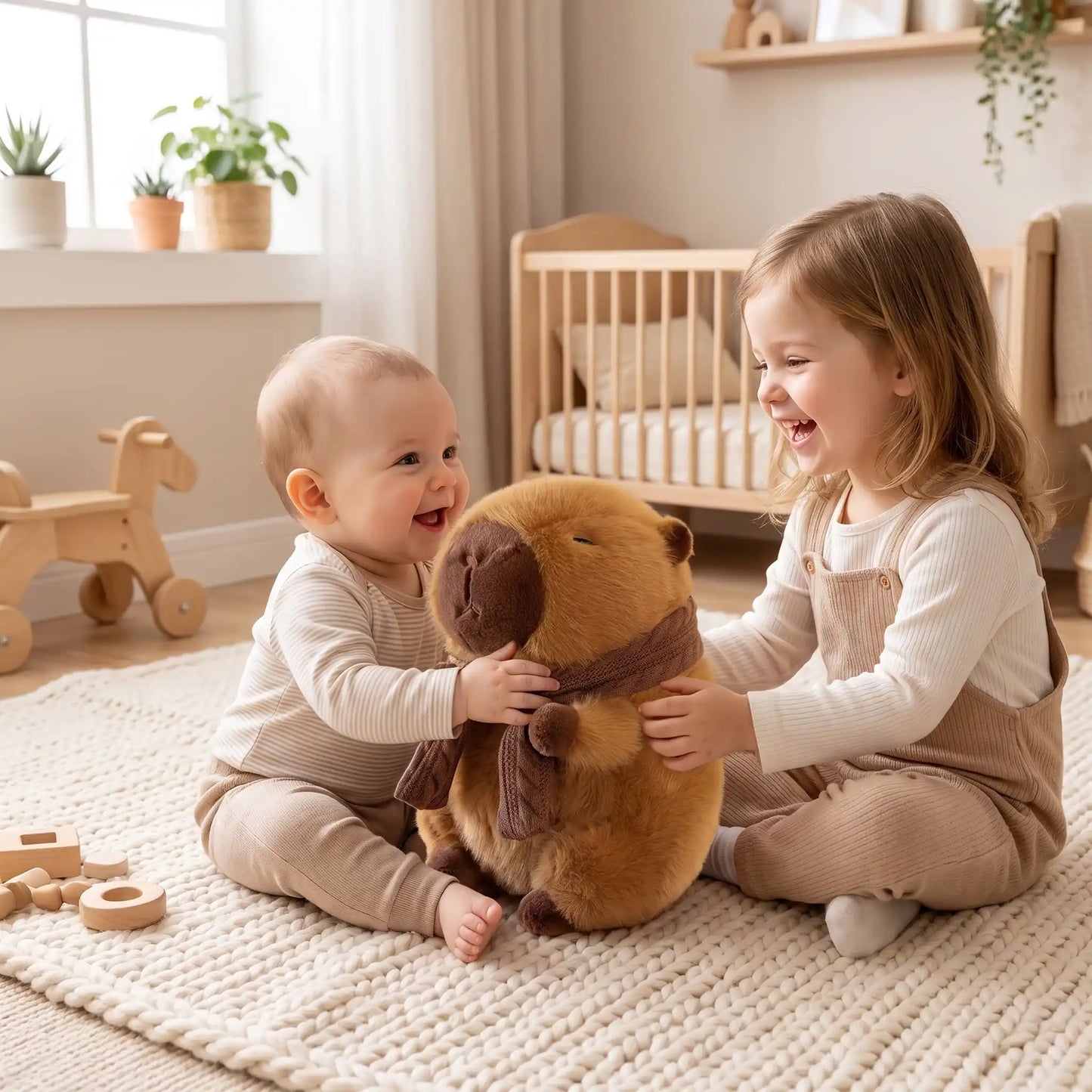 peluche capybara soeur bebe joue brun