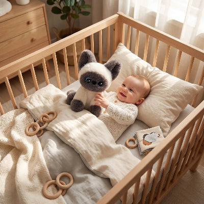 peluche chat gris rose bebe berceau