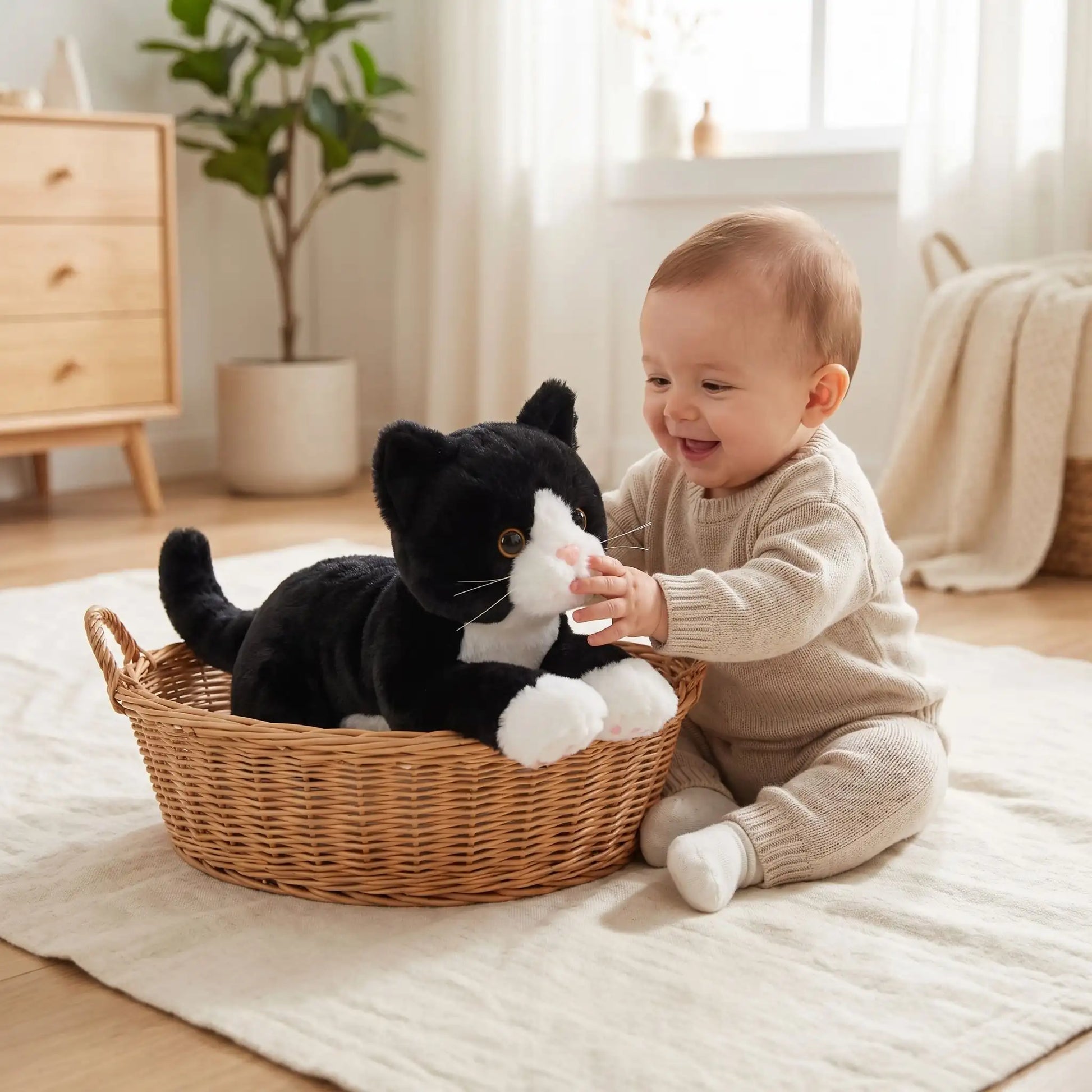 peluche chat noir 53cm bebe assis tapis