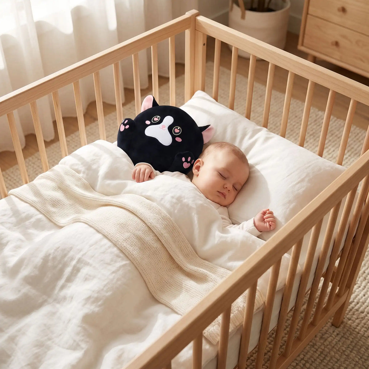 peluche chat noie et blanc apaisant bebe dort berceau noir