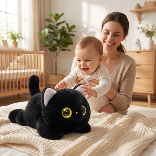 peluche chat noir et blanc douceur maman joue bébé noir