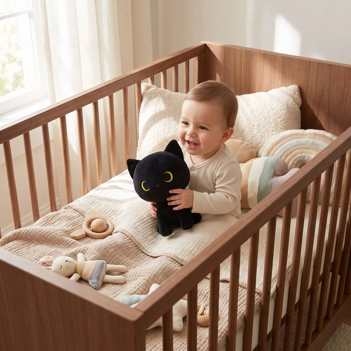 peluche chat noir eveil bebe joue berceau noir