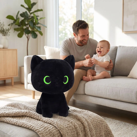 peluche chat noir eveil papa joue bebe noir