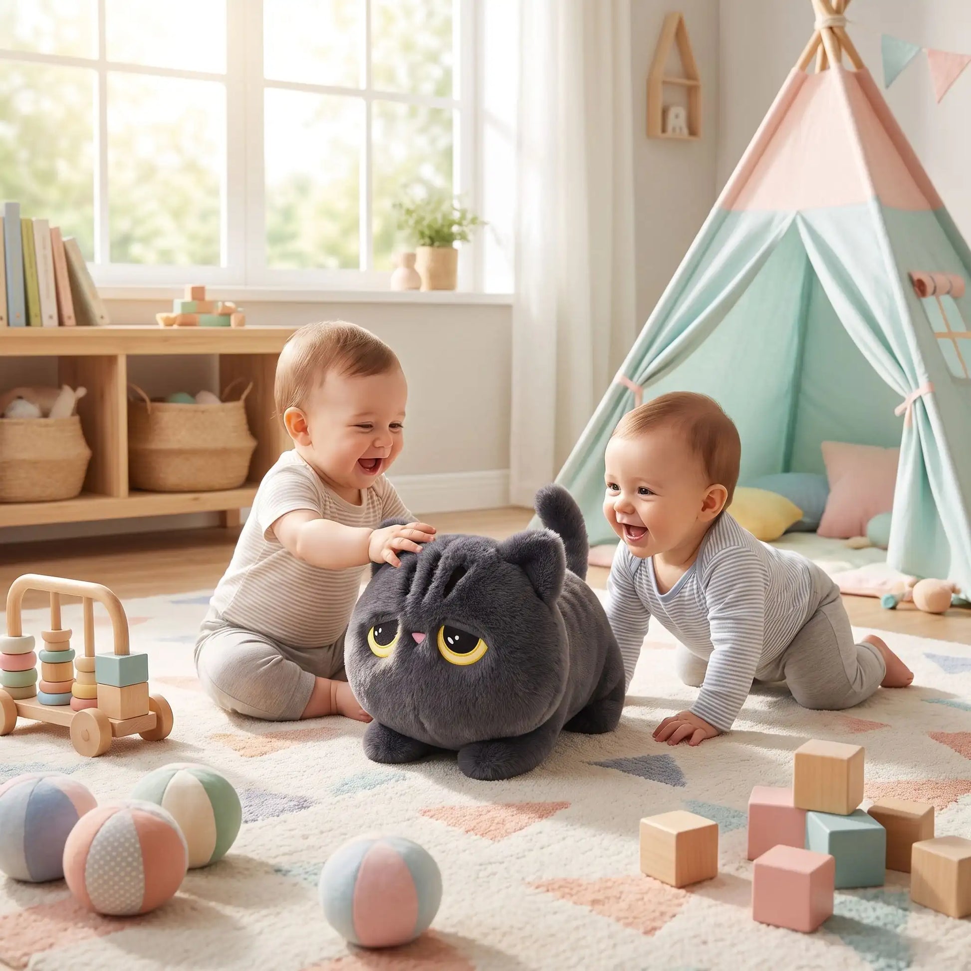 peluche chat noir kawaii deux bebe joue gris