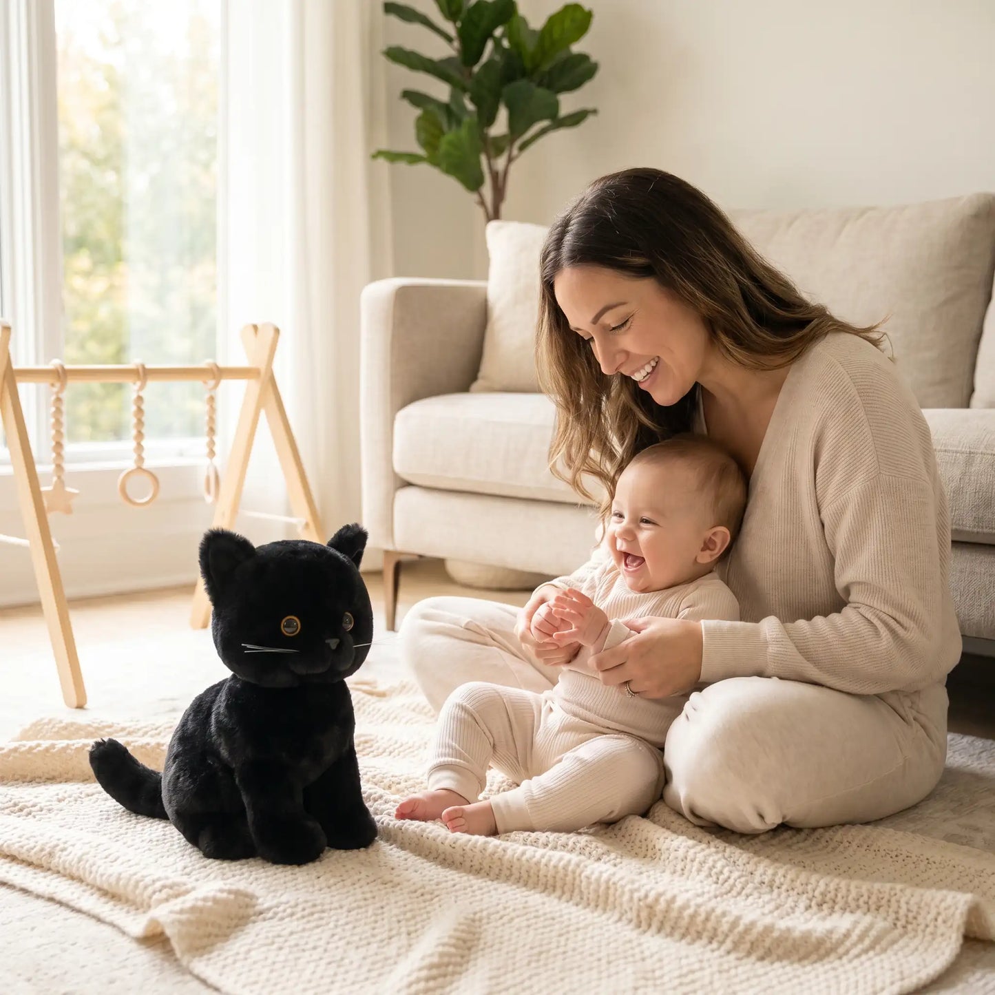 peluche chat noir realiste maman assis