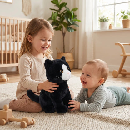 peluche chat noir realiste soeur assis