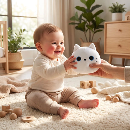 peluche chaton noir joue bebe assis blanc