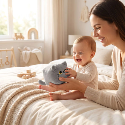 peluche chaton noir maman joue bebe lit gris