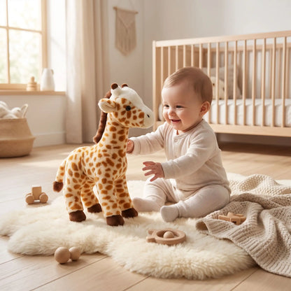 peluche girafe bebe joue assis tapis