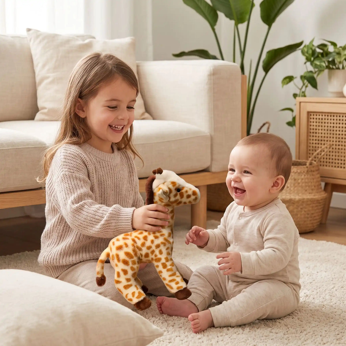peluche girafe soeur joue bebe