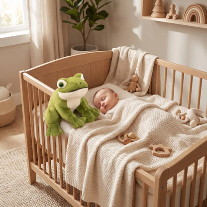 peluche grenouille bebe dort berceau