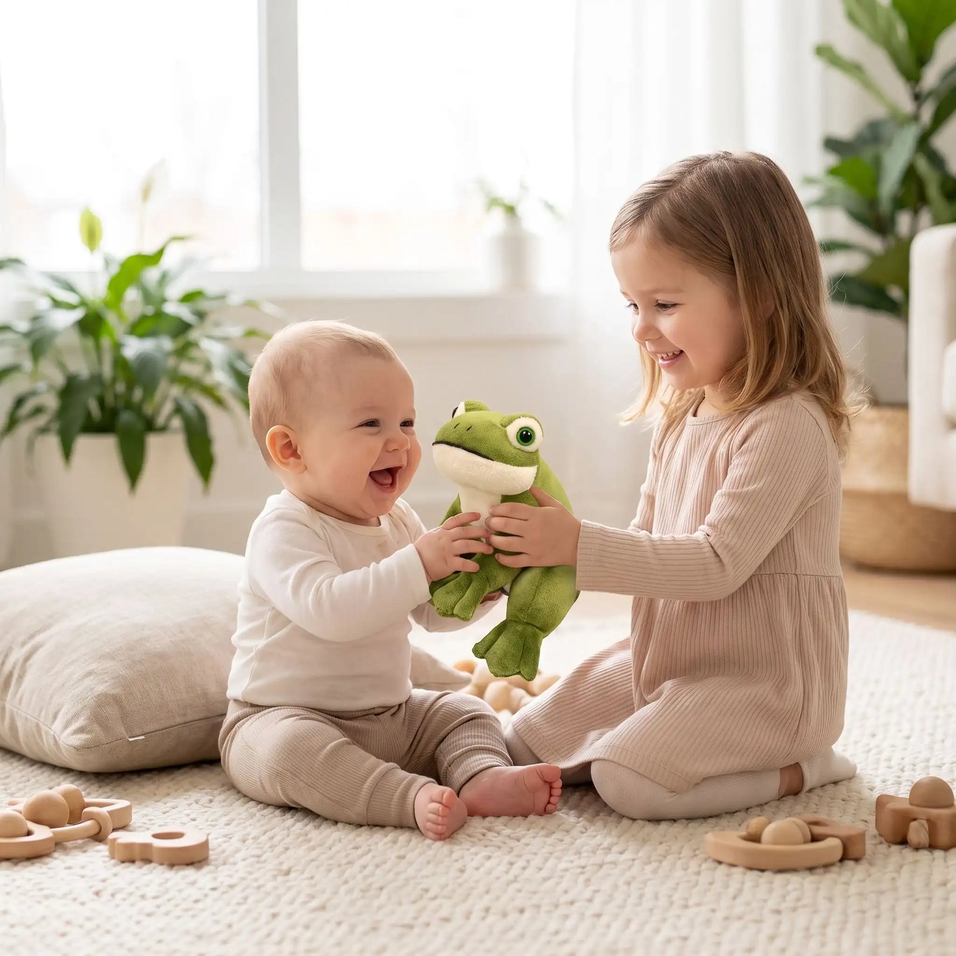 peluche grenouille soeur joue bebe assis