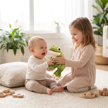 peluche grenouille soeur joue bebe assis