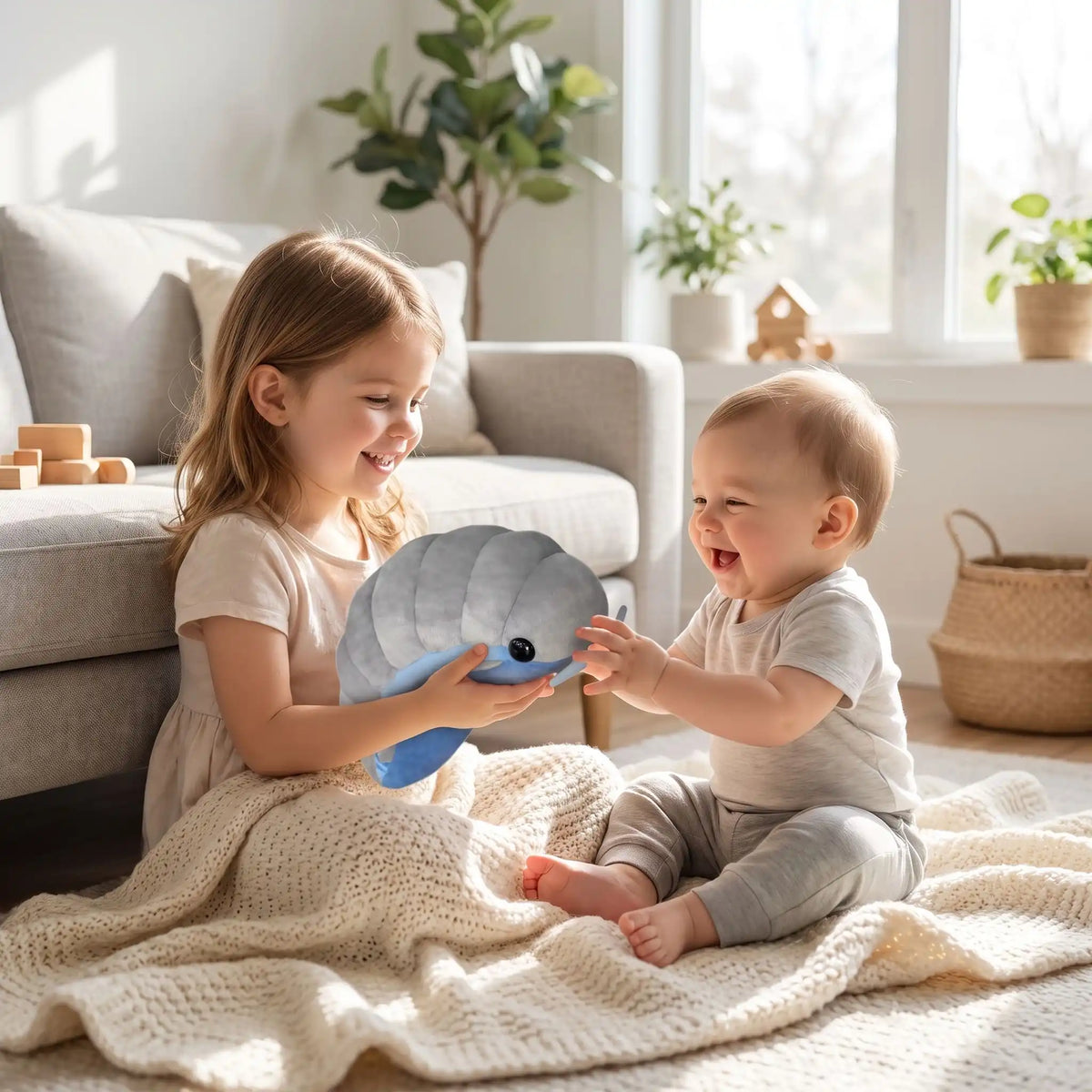 peluche insecte soeur joue bebe gris