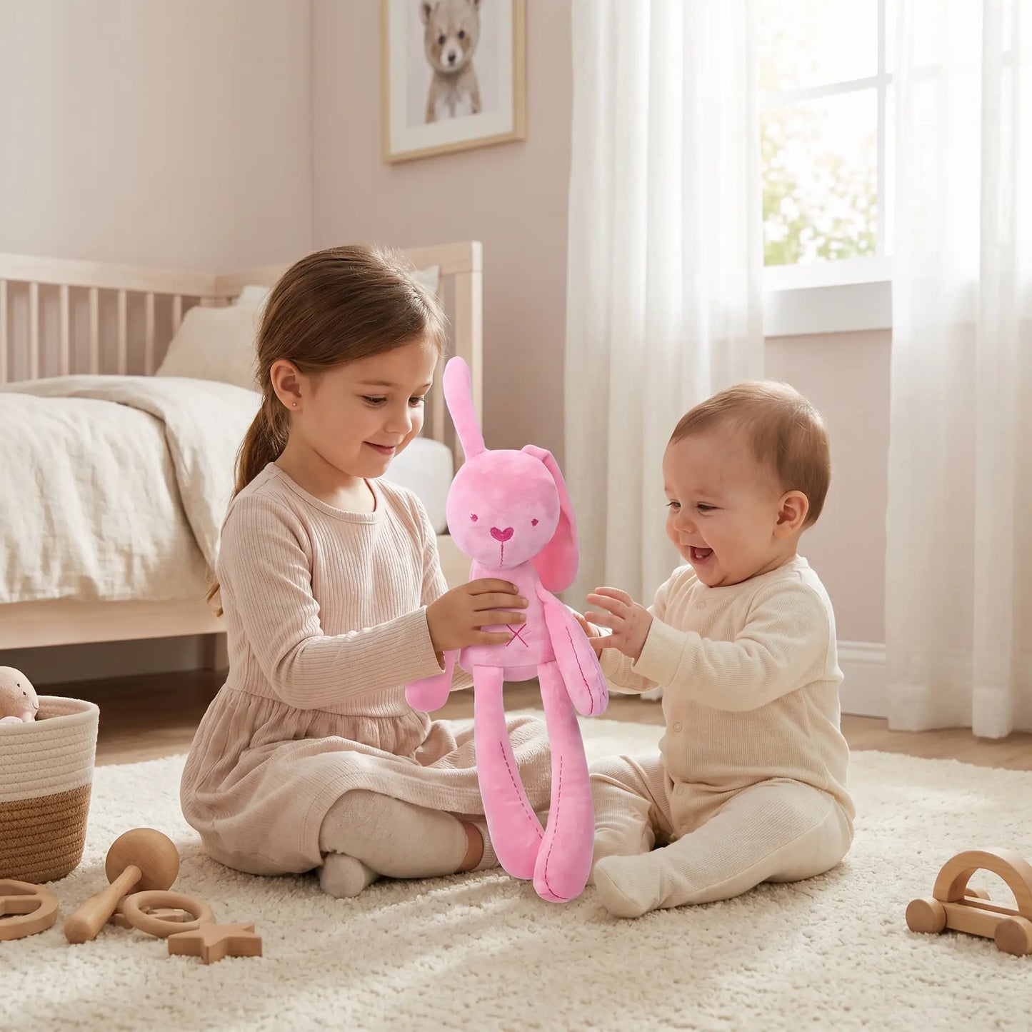 peluche lapin 42 soeur joue bebe rose