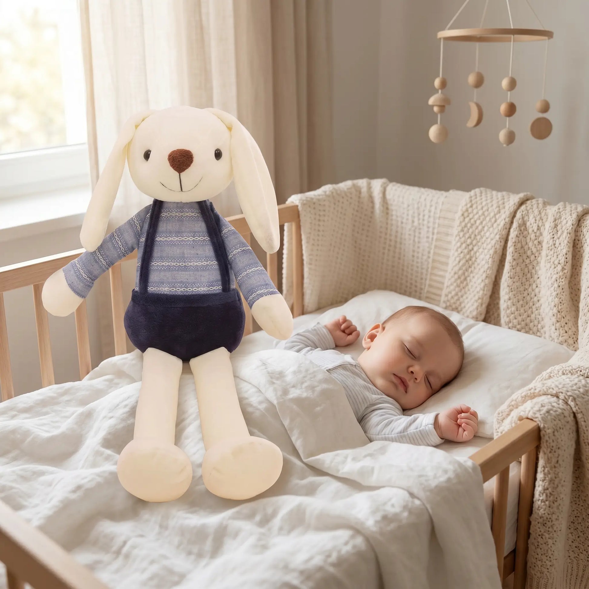 peluche lapin bebe dort bleu berceau