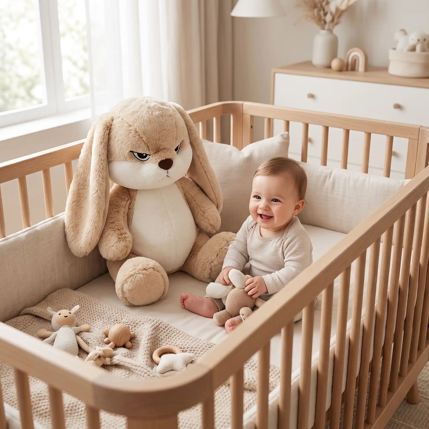 peluche lapin beige bebe assis berceau
