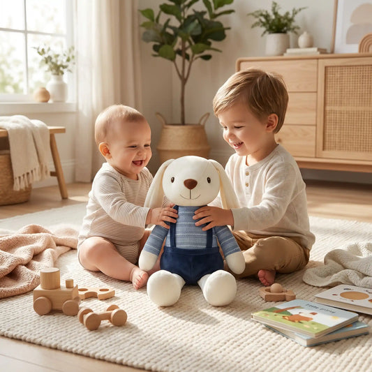 peluche lapin frere bebe joue bleu