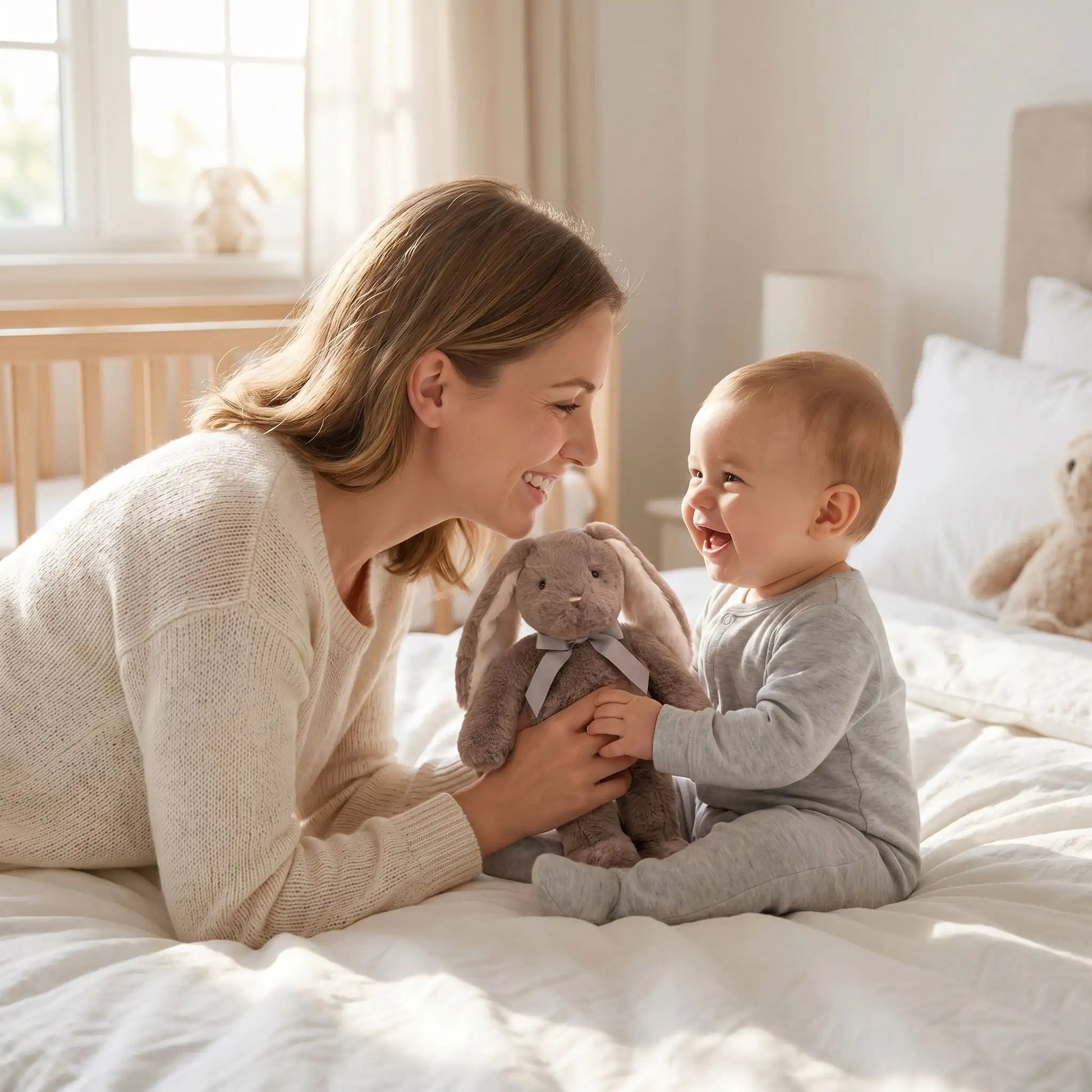 peluche lapin maman bebe joue brun