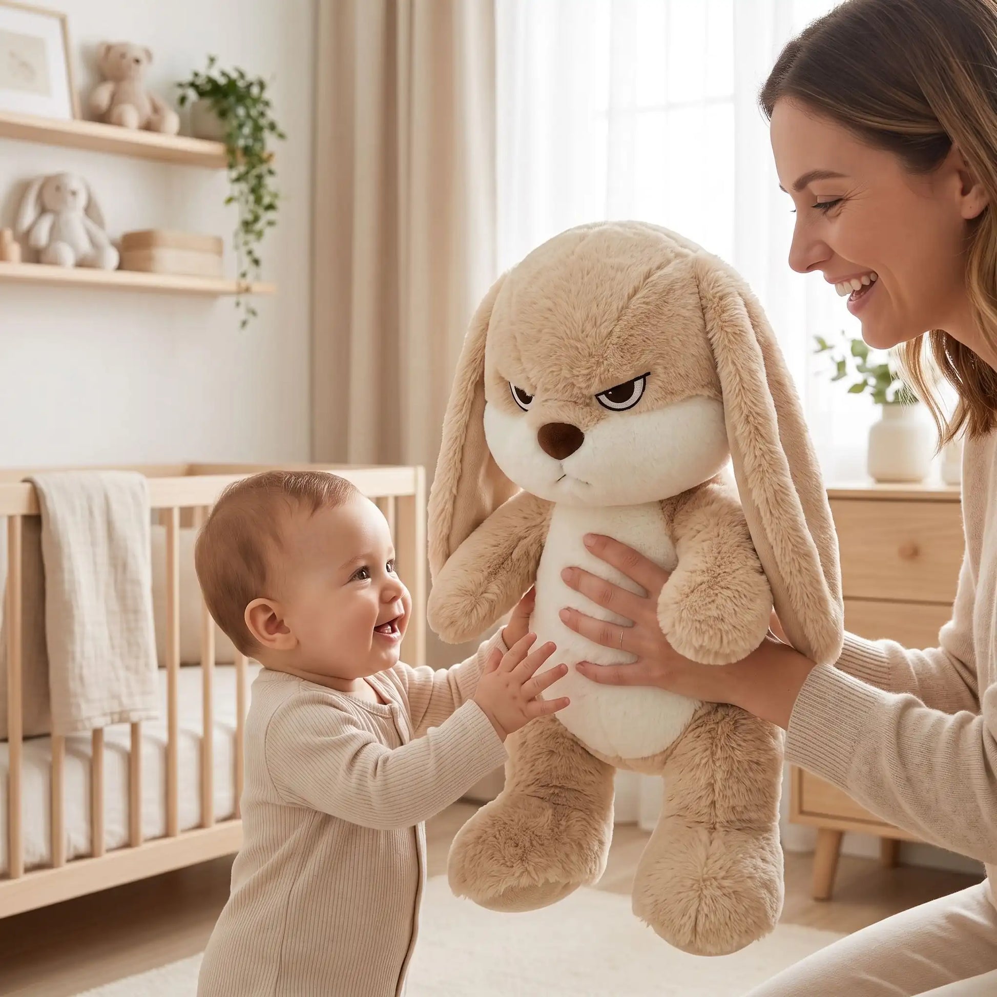 peluche lapin maman joue bebe beige lapin