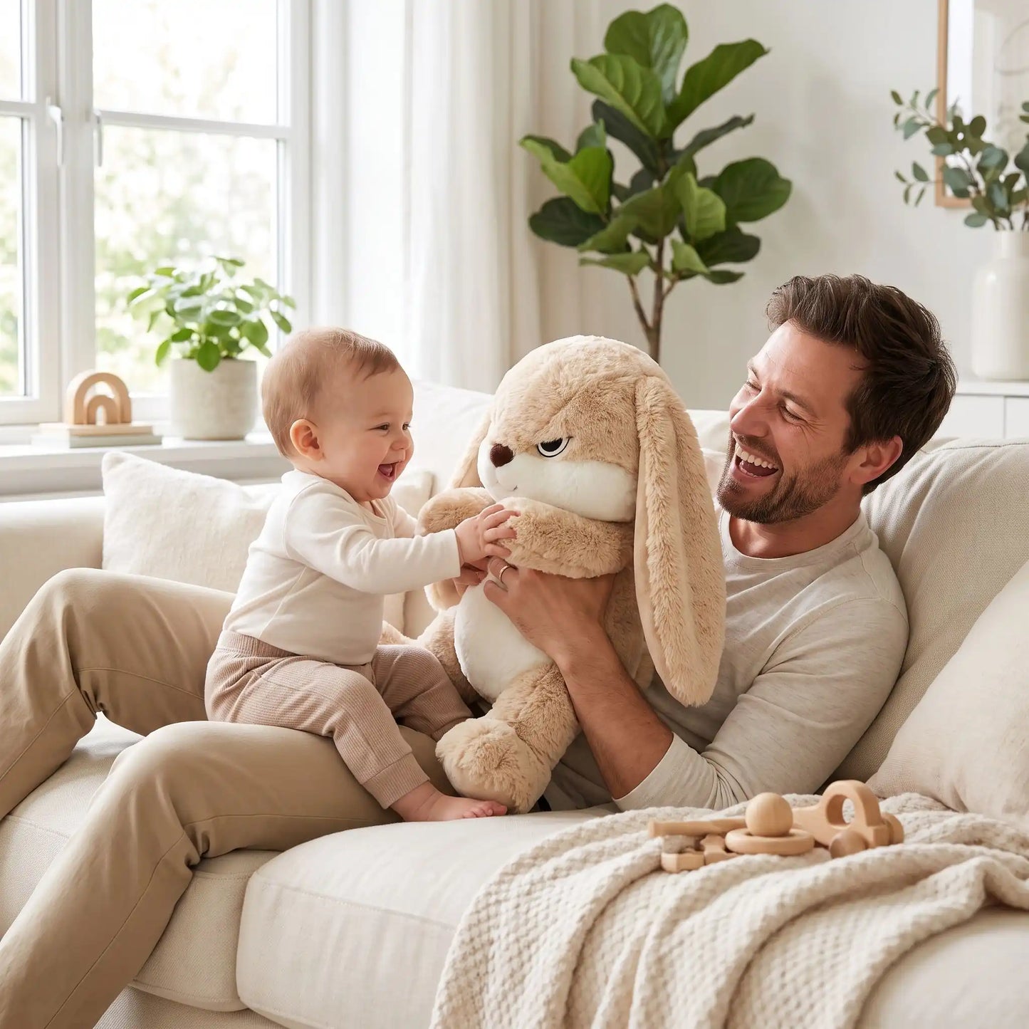 peluche lapin papa joue bebe lapin