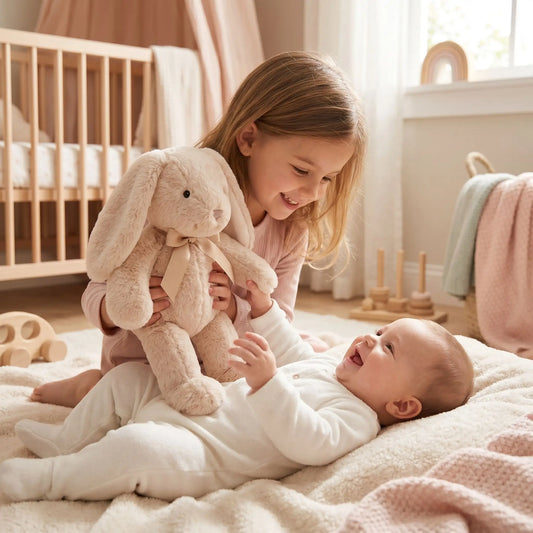 peluche lapin soeur bebe joue creme