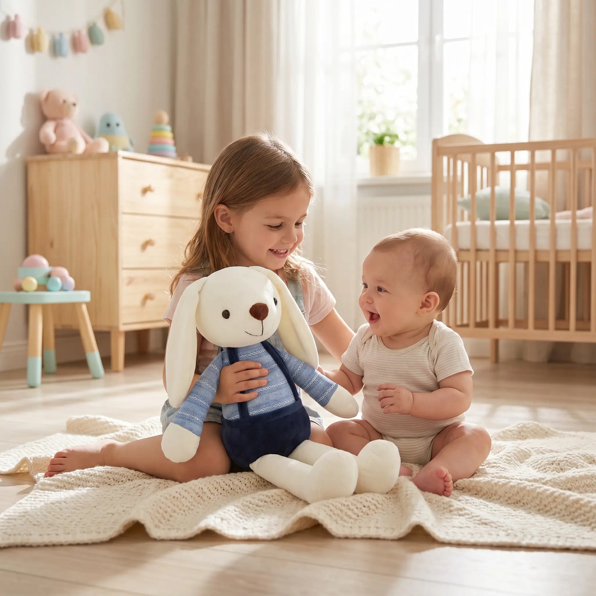 peluche lapin soeur joue bebe bleu