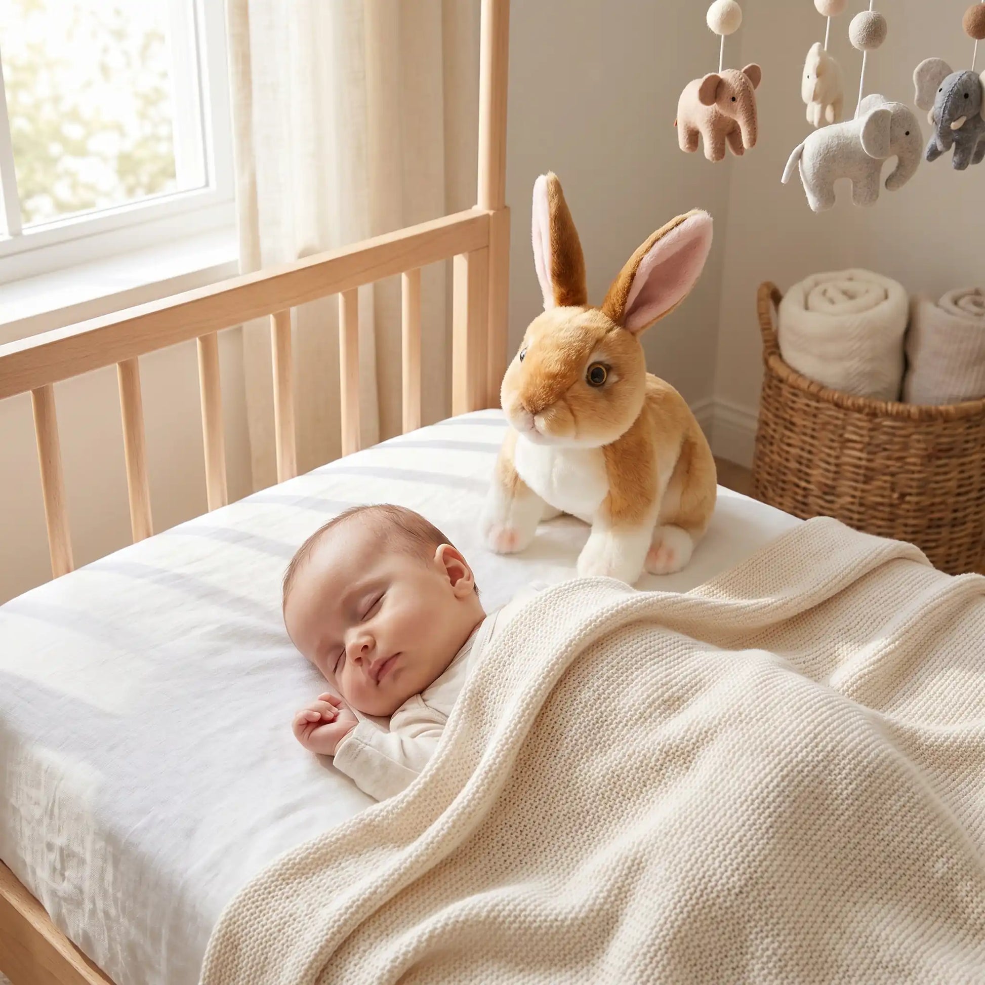 peluche lapins bebe dort berceau brun