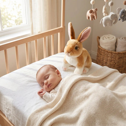 peluche lapins bebe dort berceau brun