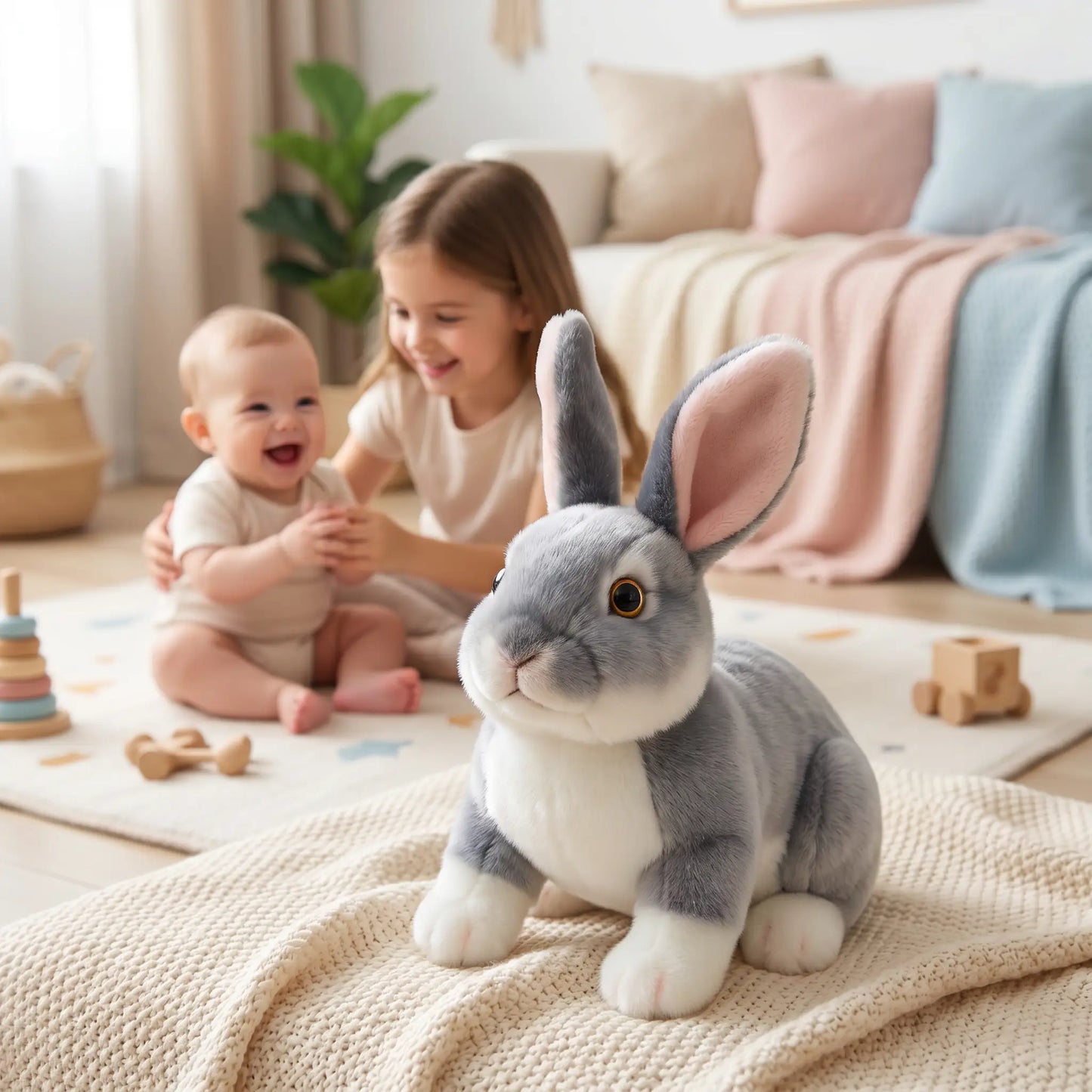 peluche lapins soeur joue bebe gris