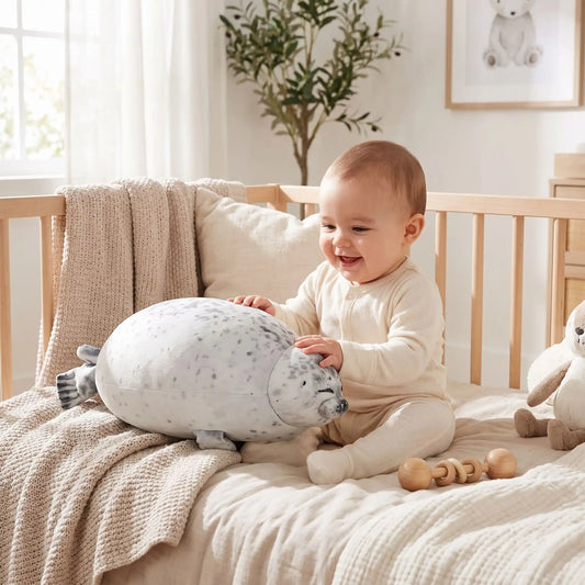 peluche lion de mer bebe gris joue