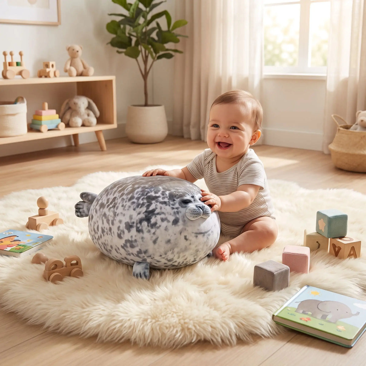 peluche lion de mer bebe joue assis gris